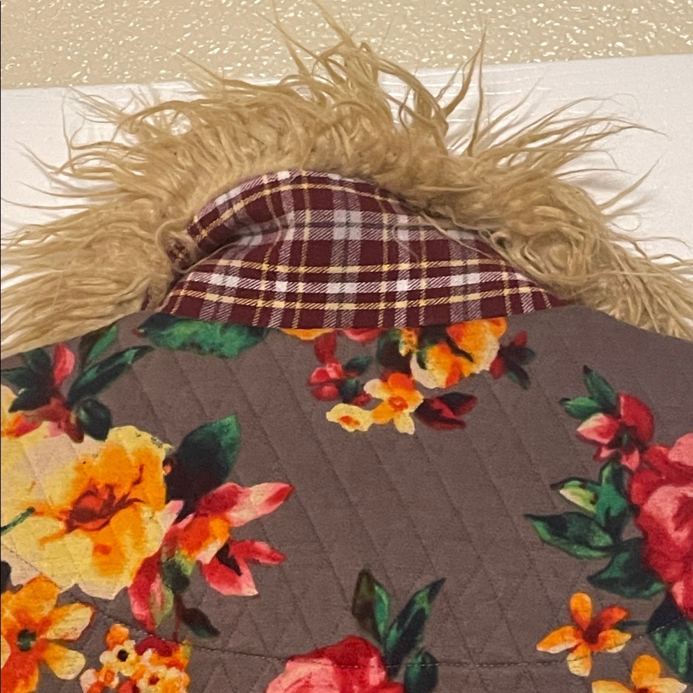 Ivy Jane Floral Bomber Jacket with Faux Fur Collar and Plaid Accents - Picture 7 of 10